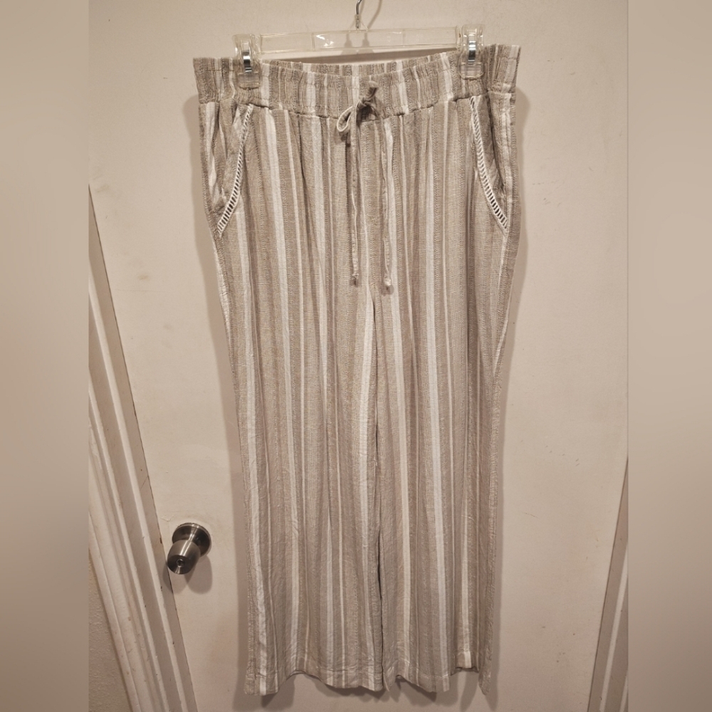 Briggs Women's Taupe Stripe Wide Leg Linen Blend Pants L Coastal Beach Vacation